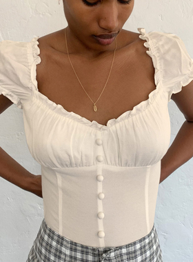 refor法式宫廷风白色气质修身方领泡泡短袖上衣女设计感精致衬衫