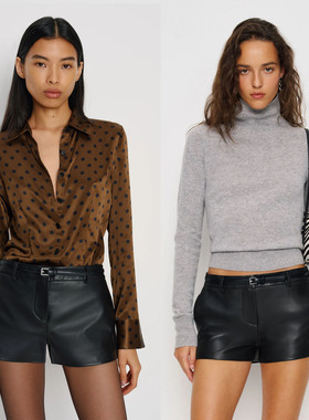 ref法式高腰显瘦黑色仿绵羊皮短裤女修身百搭a字休闲直筒阔腿靴裤