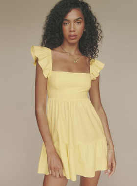 reformatio法式气质飞袖黄色吊带连衣裙小个子设计感公主裙娃娃裙