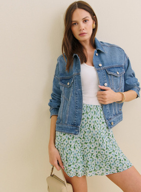 Ref自制法式小众复古斜裁绿色雏菊碎花半身裙高腰显瘦A字裙短裙子