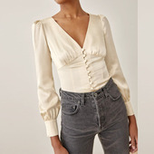 衬衫 女v领缎面白上衣春装 2023年新款 reformation法式 别致漂亮小衫