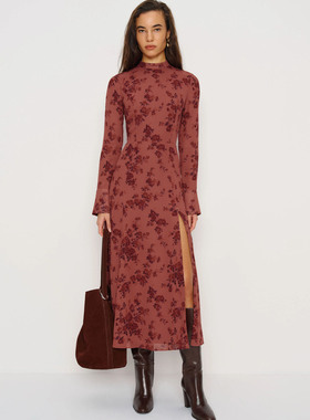 法式Ref复古红色碎花喇叭袖长袖连衣裙半高领开叉收腰显瘦长裙子