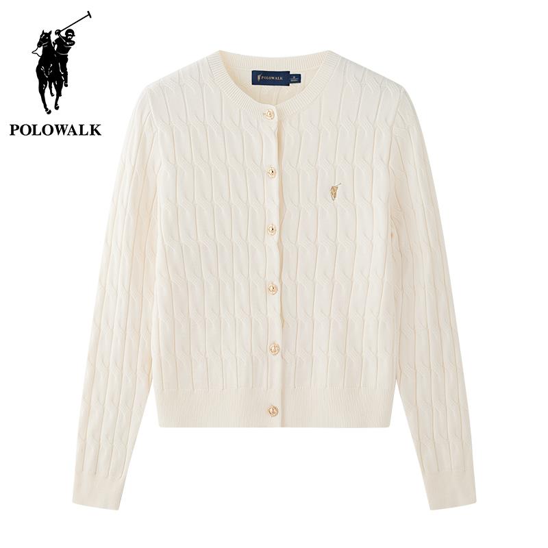 POLOWALK女士麻花圆领针织开 衫春秋新款上衣纯色绞花小标毛衣外