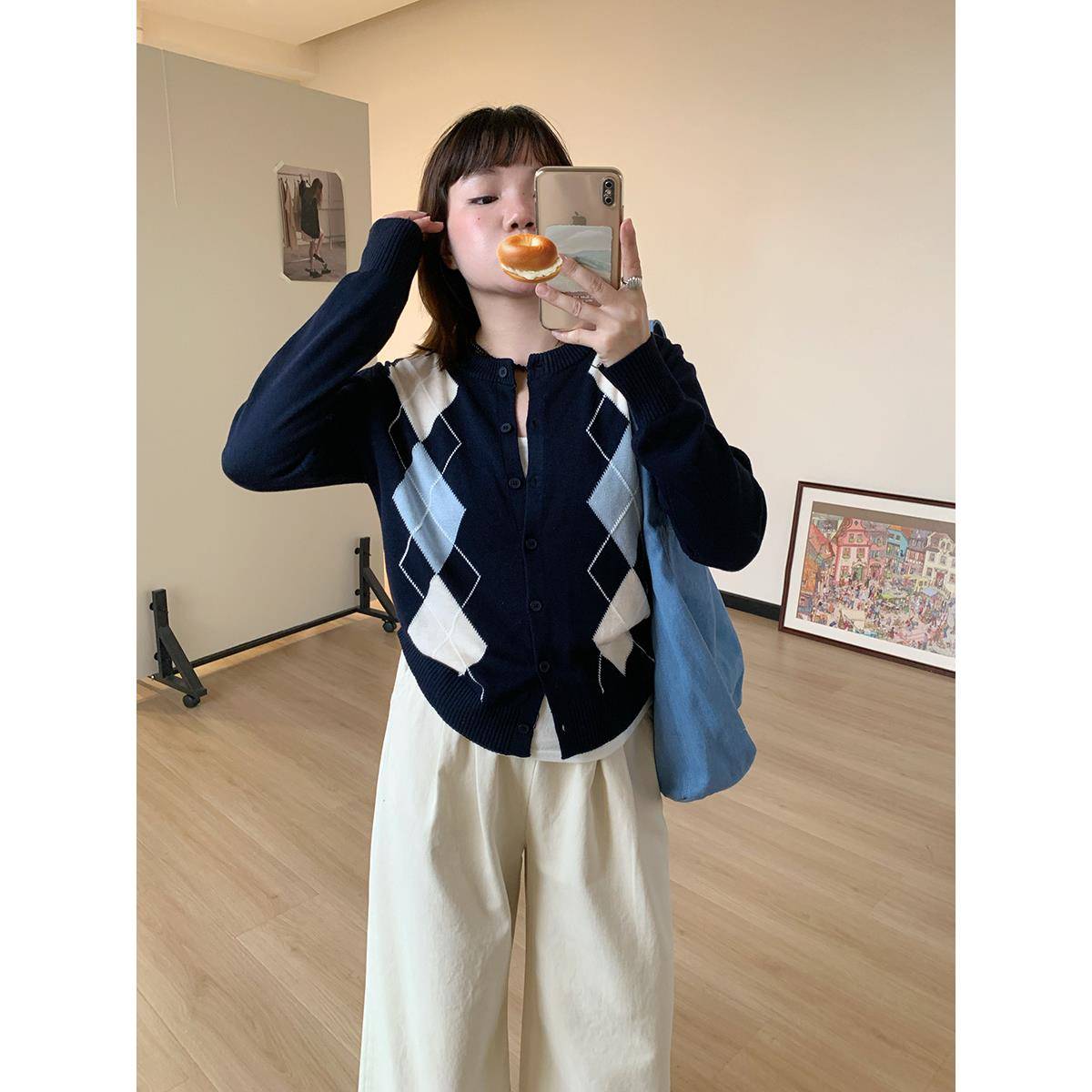 Omang桃喜 韩系菱形格针织开衫女早秋修身百搭设计感休闲毛衣外套