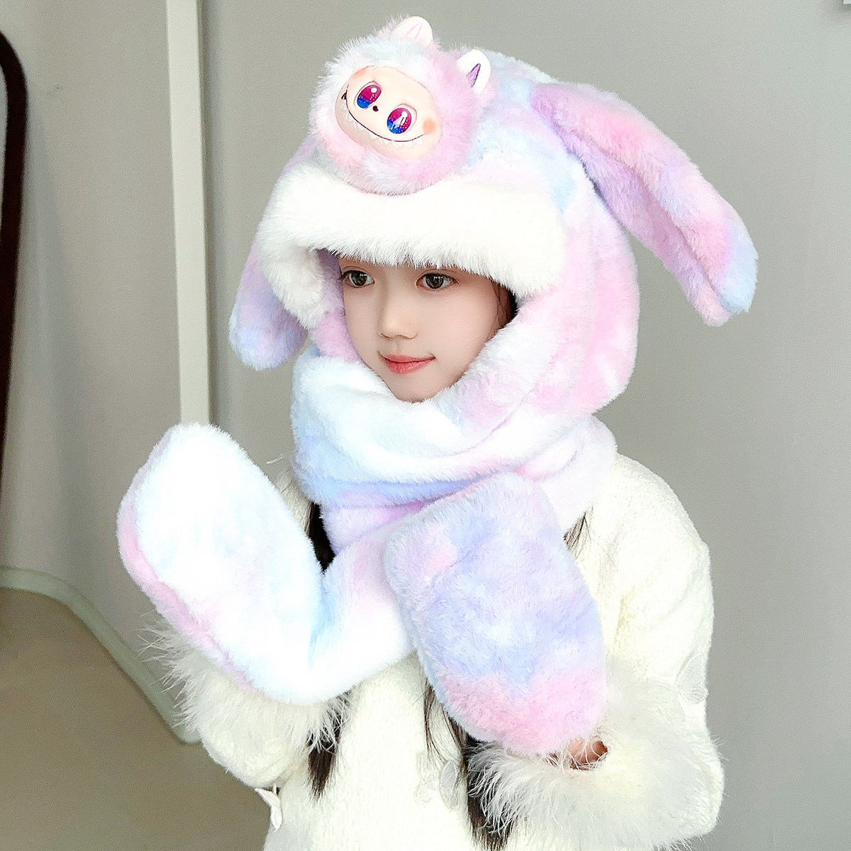 儿童保暖一体毛绒帽子围巾手套