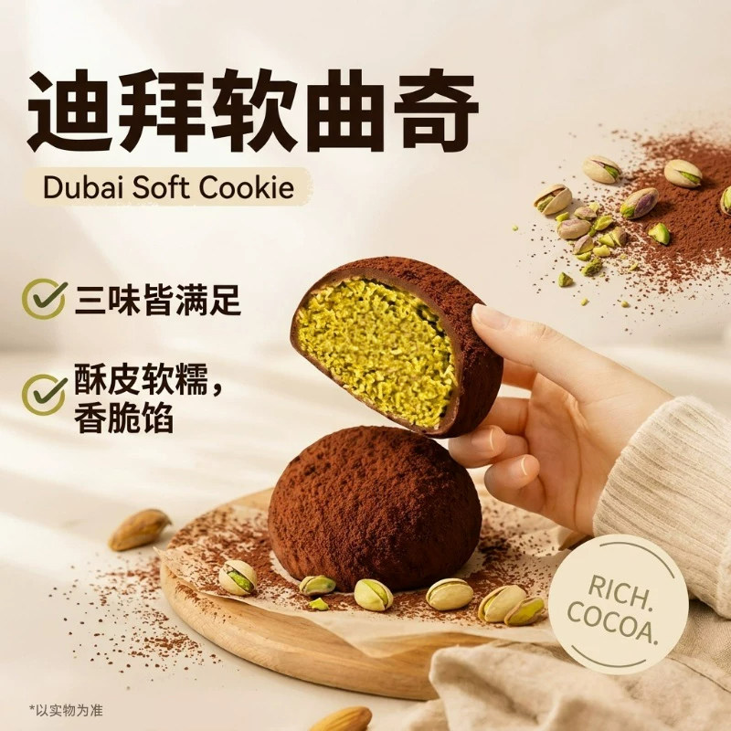 迪拜巧克力软曲奇夹心面包开心果味拉丝糕点心下午茶甜点零食食品