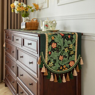 高级感流苏桌旗中古风藤蔓印花长条桌布轻奢五斗柜鞋柜茶几盖布