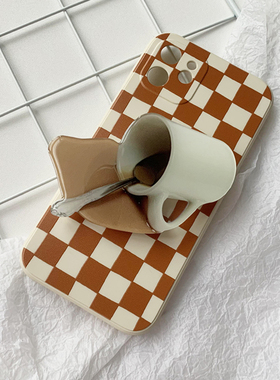 手作原创法式简约棋盘格橙白格适用iphone13苹果12手机壳xr液态8P