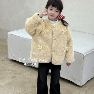 【香草奶黄】25冬季女童蝴蝶结毛毛一体外套小香风开衫上衣