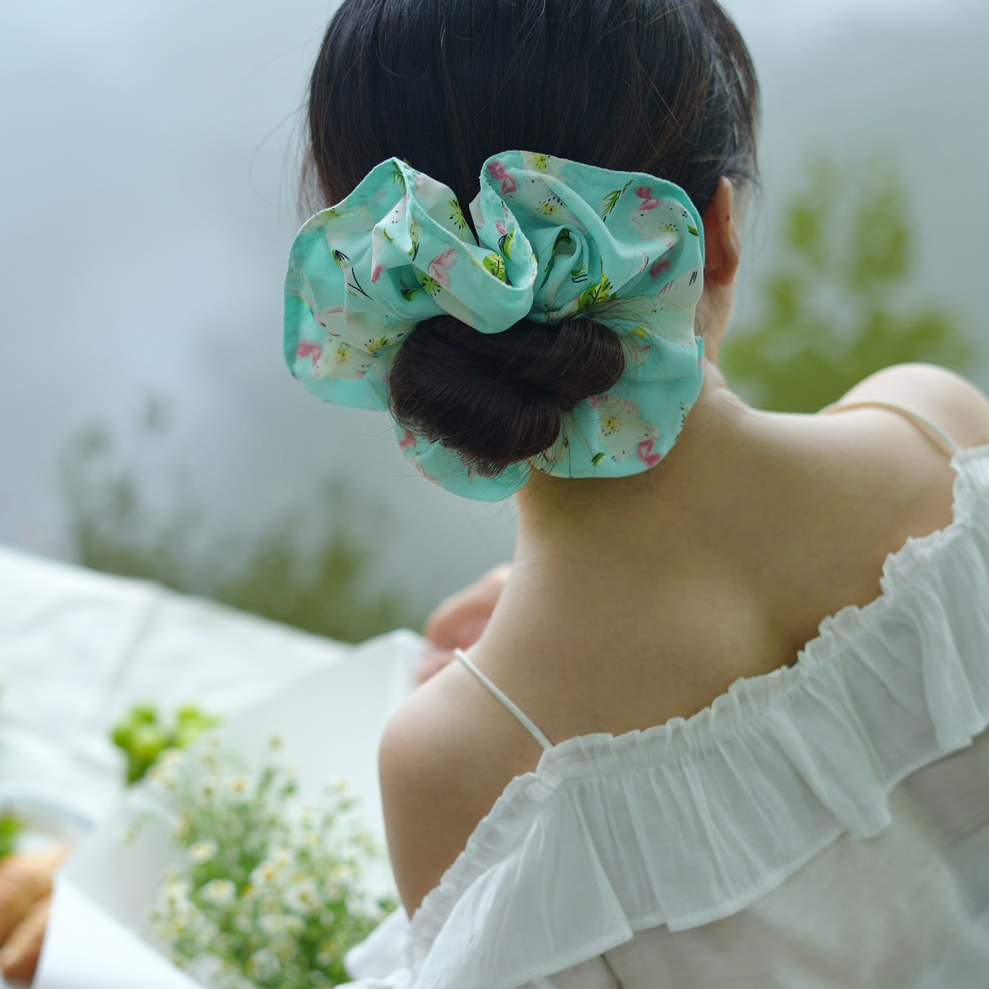 清新少女薄荷绿樱花大肠发圈图片