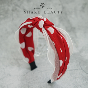 可爱米妮波点网纱布艺打结大头红色发箍女高级感洋气时尚宽边头箍