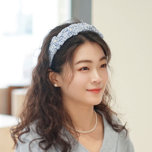 可爱气质蓝色格子珍珠褶皱发箍女高级感洋气时尚韩式高颅顶头箍
