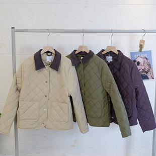 走瑞典 复古巴恩风菱格绗缝棉服女拼接领宽松保暖外套 G599＋