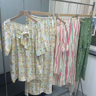 棉绸睡衣女夏短袖 长裤 可爱慵懒风家居服套装