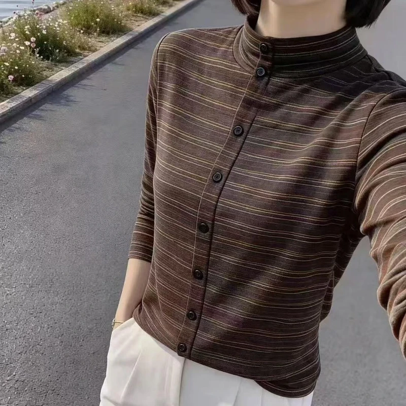 暖妍妈妈服饰2026条纹半高领长袖T恤显瘦百搭休闲减龄时尚打底衫