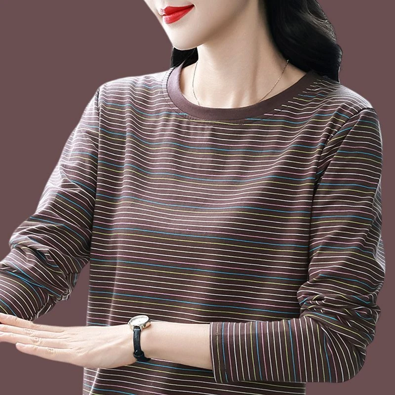 依秀儿大码女装店春秋新款时尚条纹女士t恤长袖大码洋气打底衫