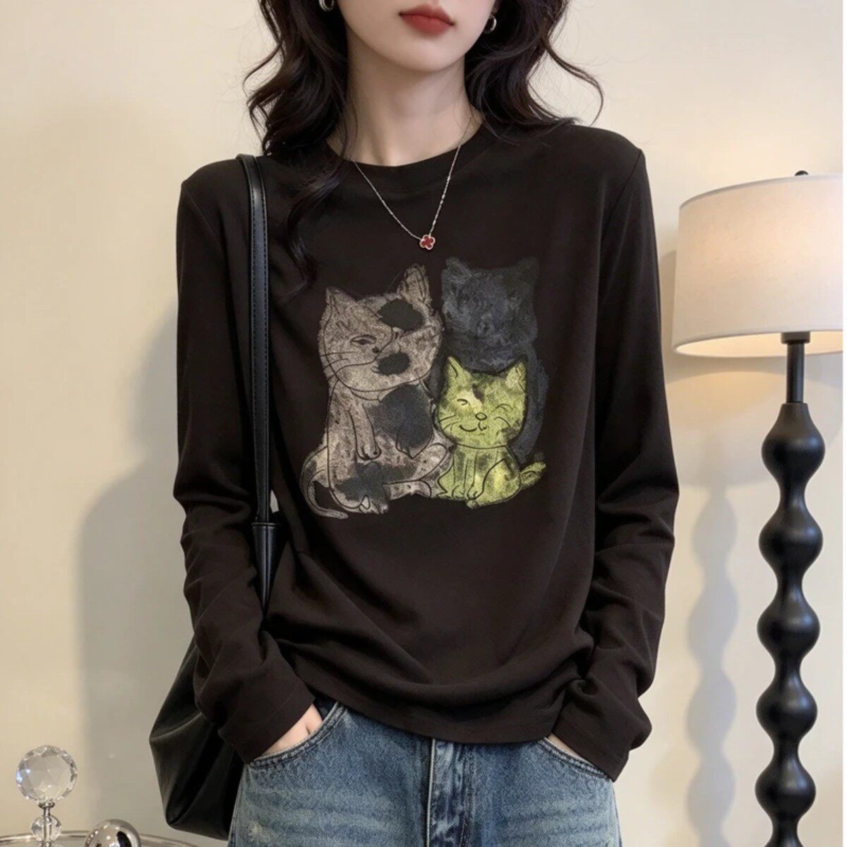大墩家原版女装韩系猫咪印花长袖T恤春秋冬显瘦内搭打底衫上衣