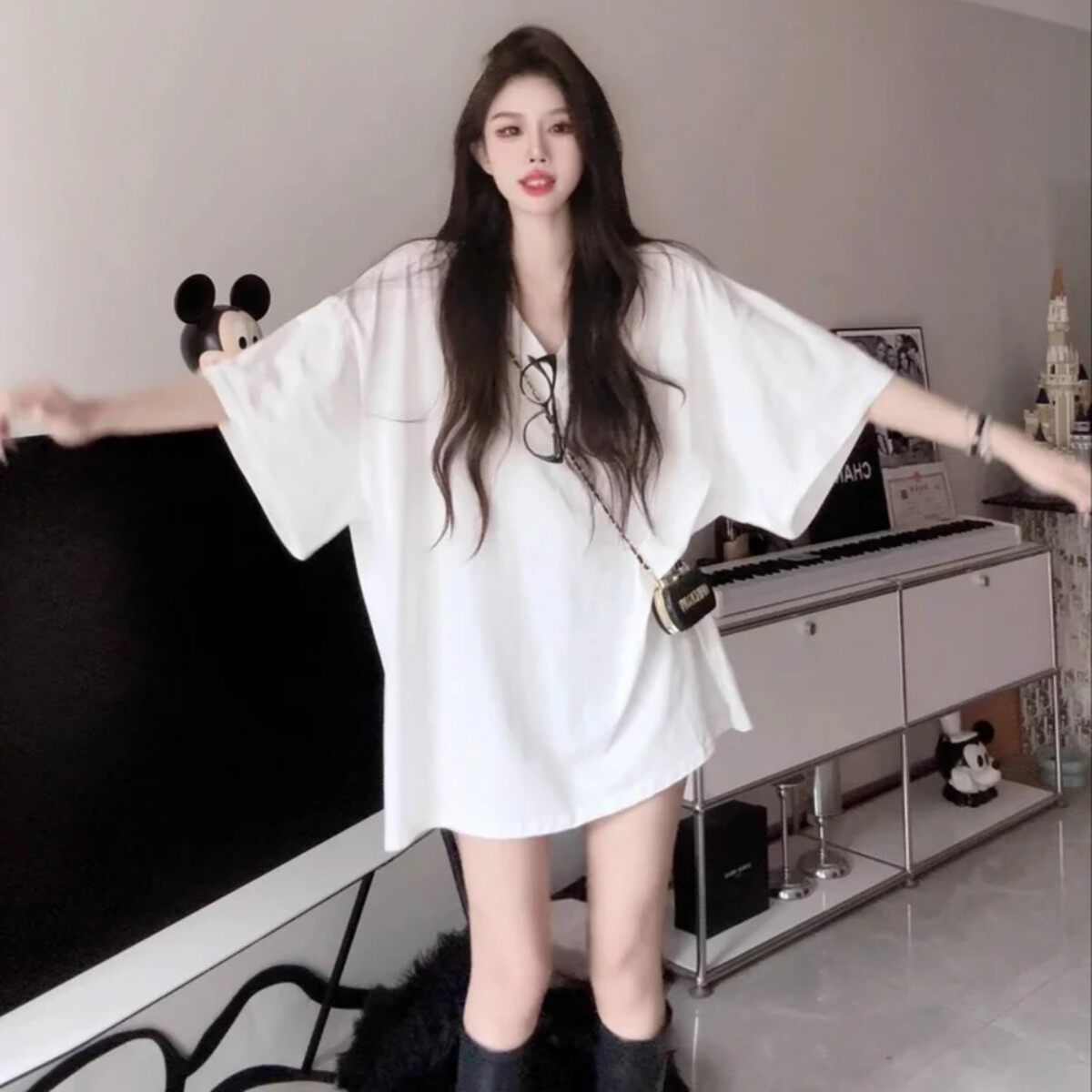 KNOT珂诺服饰设计款V领宽松短袖春夏半袖上衣休闲中长款慵懒风T恤