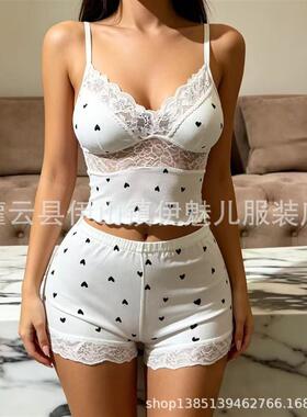 2026年家居V领花边镂空花边吊带短裤两件套套装家居服女1052