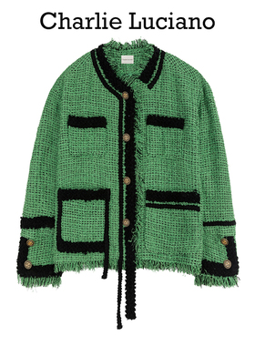 Charlie Luciano破坏无领粗花呢夹克女士复古气质流苏小香风外套