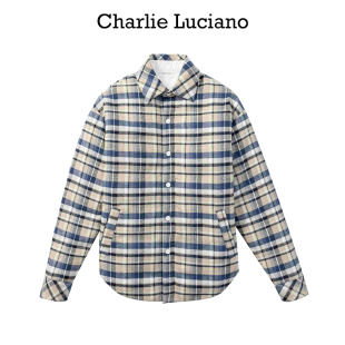 Luciano标识刺绣格纹羽绒服秋冬情侣保暖鸭绒衬衫 Charlie 外套潮