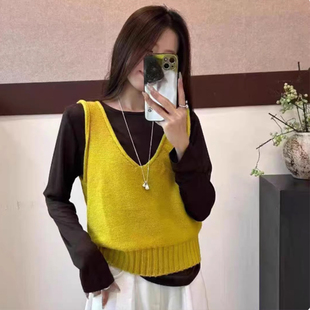 韩系V领柠檬黄针织马甲坎肩女2025秋季新款叠穿罩衫毛衣背心上衣