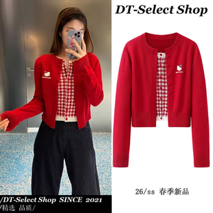2026春季新款红色卡通字母印花格子拼接假两件针织开衫上衣