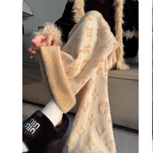 慵懒软糯水貂绒提花针织阔腿裤 女秋冬氛围感松紧腰垂感直筒休闲裤