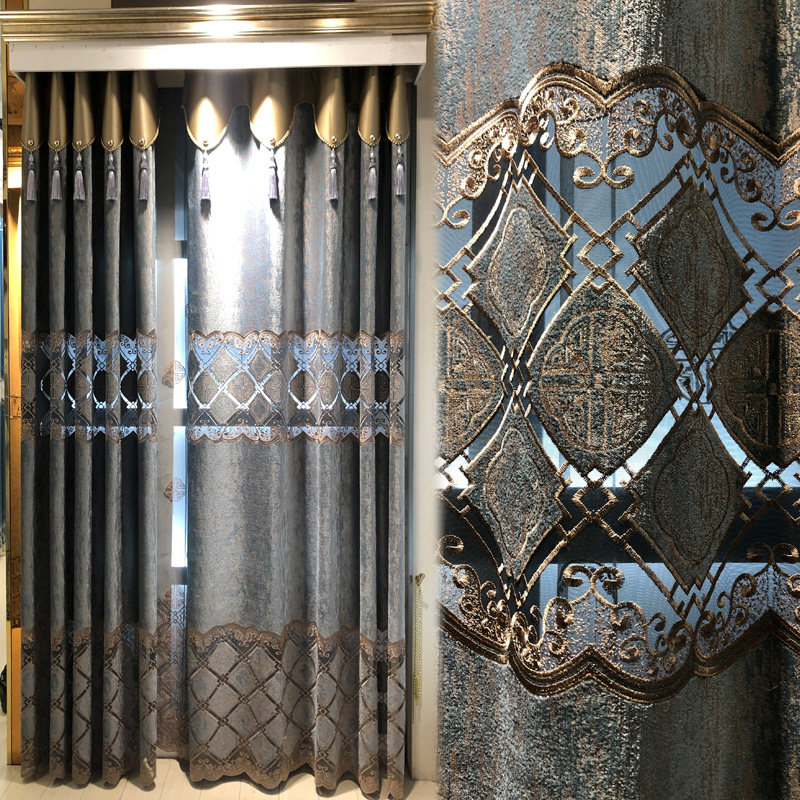 新中式镂空绣花窗帘客厅高档窗纱中国风绒布卧室现代书房成品定制