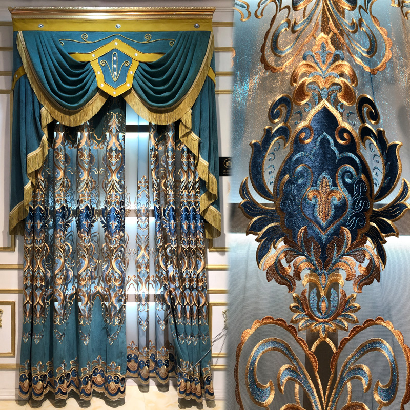 欧式复古窗帘客厅高档镂空雪尼尔绣花蓝色阳台落地窗渐变纱帘成品