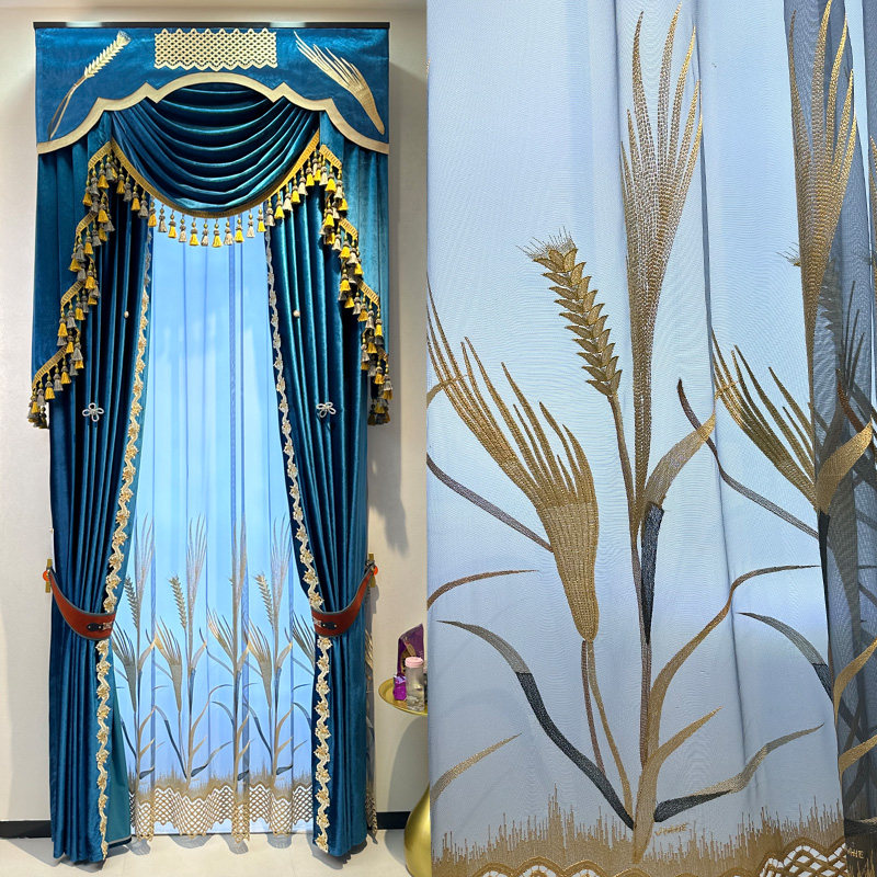 2024新款新中式高级感窗帘刺绣纱帘客厅孔雀蓝现代风遮光丝绒卧室