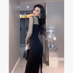 后开叉设计包臀裙气质黑显白遮肉减龄 连衣裙镂空手袖 2026春季 新款