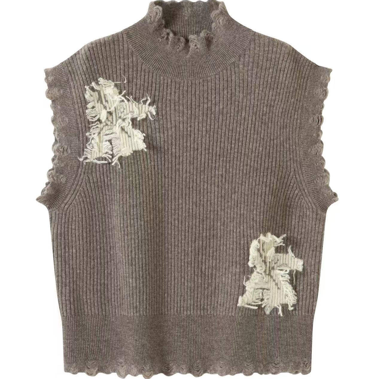 牦牛绒羊毛混纺木耳边半高领破洞毛边针织马甲