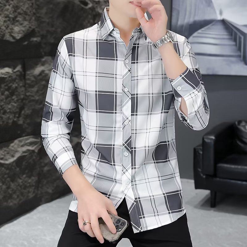 格子衬衫男长袖百搭ins潮流修身帅气上衣春秋季商务休闲衬衣外套,男装,衬衫,淘宝优惠券,粉丝福利购,淘宝优惠卷