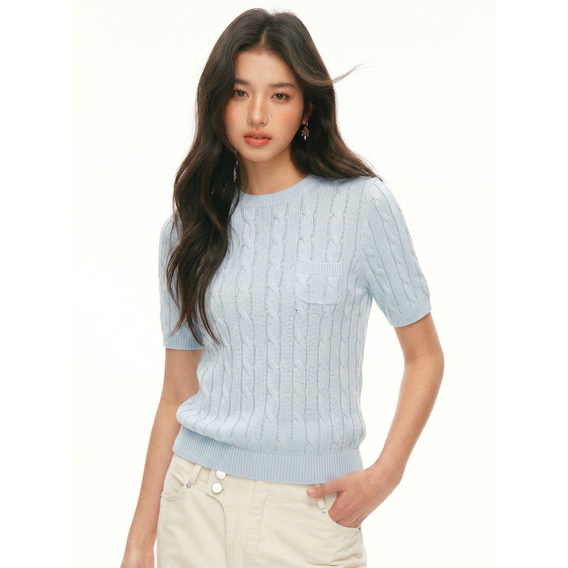 【亚麻】朗姿-LANCY夏季新款气质高级感圆领绞花短袖针织衫T恤女