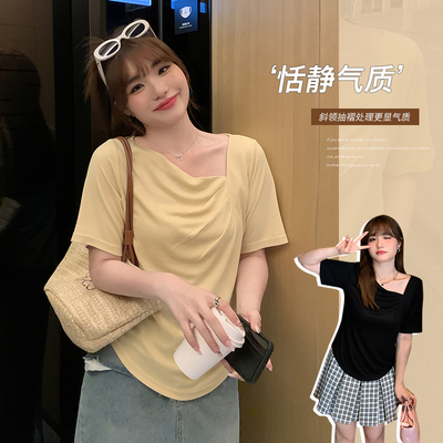 大姝大码女装扭结T恤女夏季短袖修身收腰抽褶简约正肩设计感上衣
