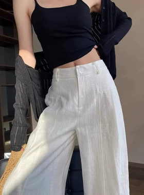 白色亚麻阔腿裤女夏季薄款高腰垂感宽松休闲松弛老钱风直筒西装裤