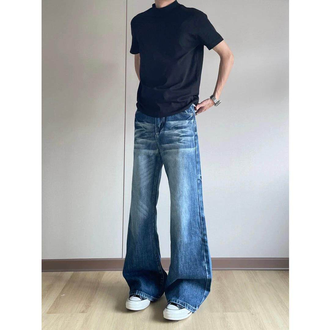 美式复古水洗蓝色微喇牛仔裤男cleanfit直筒宽松猫须修身裤子夏季