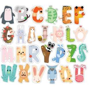 创意卡通动物26个英文字母异形贴纸儿童益智识字兴趣标签贴