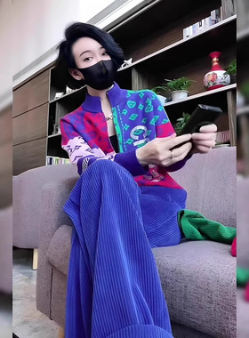 蓝色休闲运动套装女秋装欧货高端印花针织开衫长裤搭配两件套