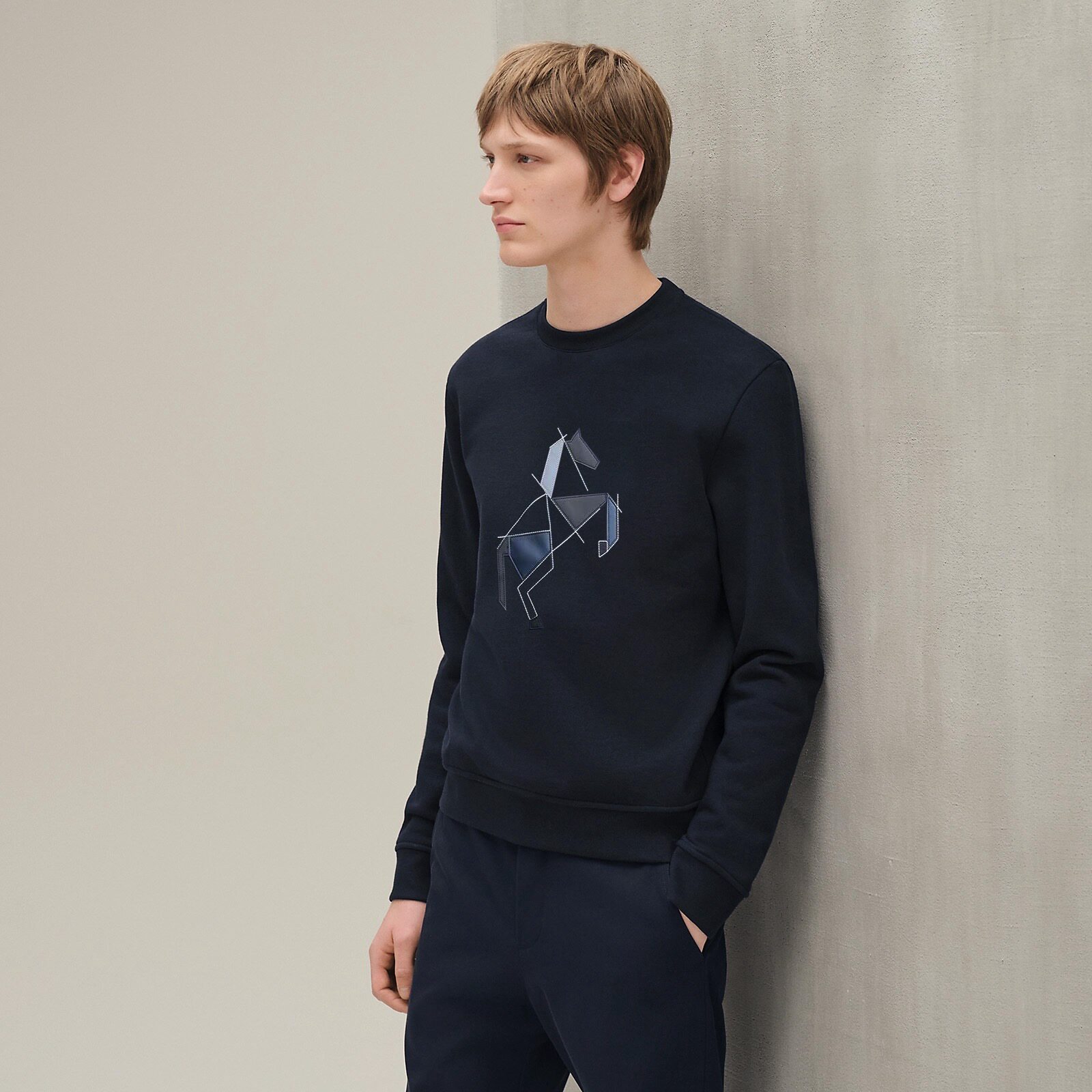 官网同款秋冬拼皮几何抽象马家商务轻熟运动休闲男装圆领棉卫衣