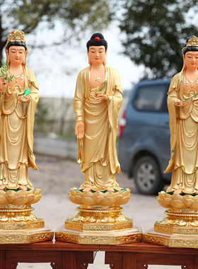 树脂彩绘带背光西方三圣摆件佛像