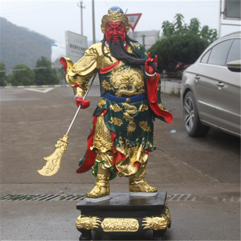 大型寺庙树脂佛像玻璃钢 1米3关公护法 贴金站关公 绿袍珈蓝菩萨