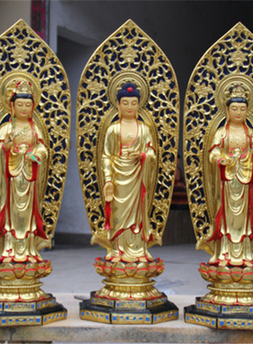 树脂米高带背光西方三圣鎏金佛像