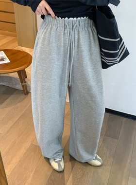 爱情魔鬼鱼 灰色松紧腰抽绳休闲卫裤女2026春季新款宽松阔腿长裤