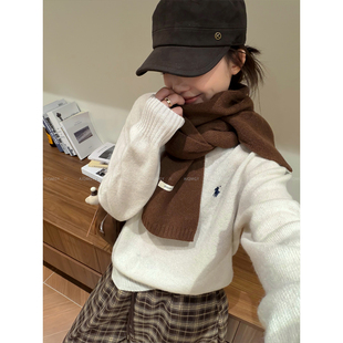 爱情魔鬼鱼 白色圆领纯羊毛刺绣毛衣女2026秋冬新款宽松百搭上衣