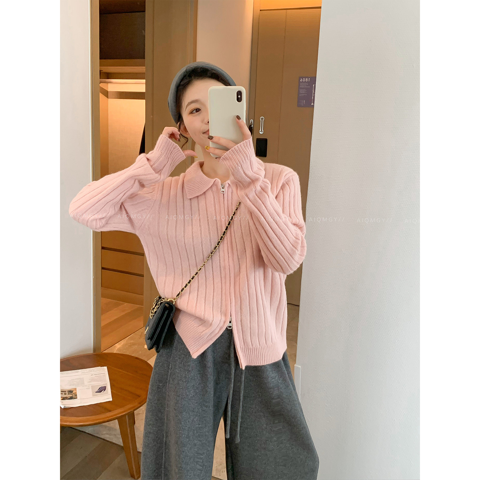 爱情魔鬼鱼 粉色双拉链坑条针织衫女2025年秋冬新款长袖羊毛上衣,女装/女士精品,毛针织衫,淘宝优惠券,粉丝福利购,淘宝优惠卷