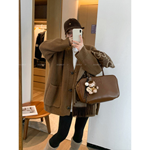 爱情魔鬼鱼 咖色V领针织开衫外套女2025年冬季新款中长款宽松上衣