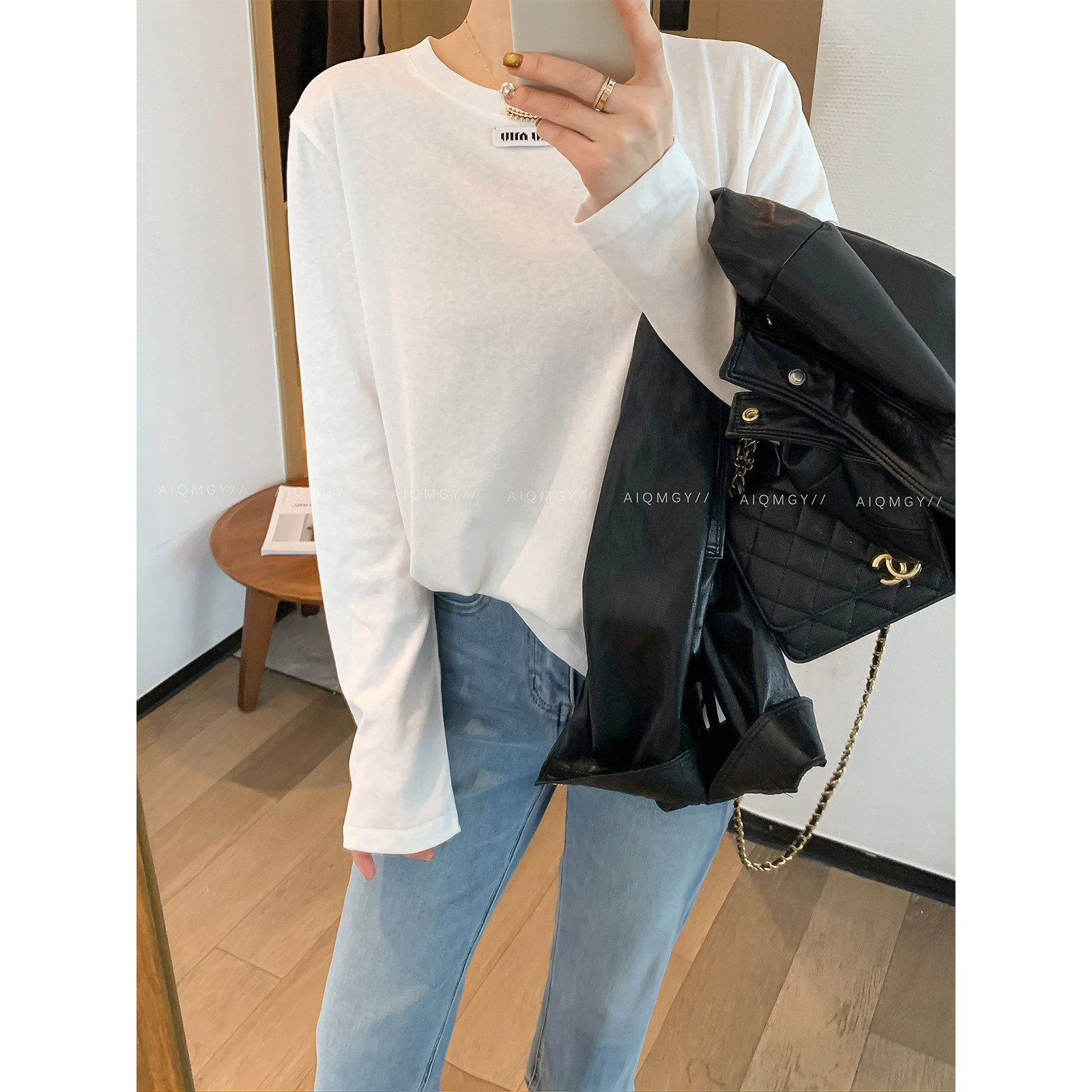 爱情魔鬼鱼 白色长袖圆领T恤女2026春季新款宽松显瘦休闲百搭上衣