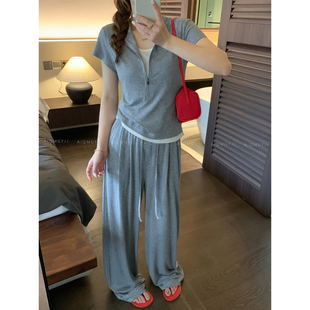 爱情魔鬼鱼 休闲套装女2026夏季新款短袖假两件T恤阔腿长裤两件套